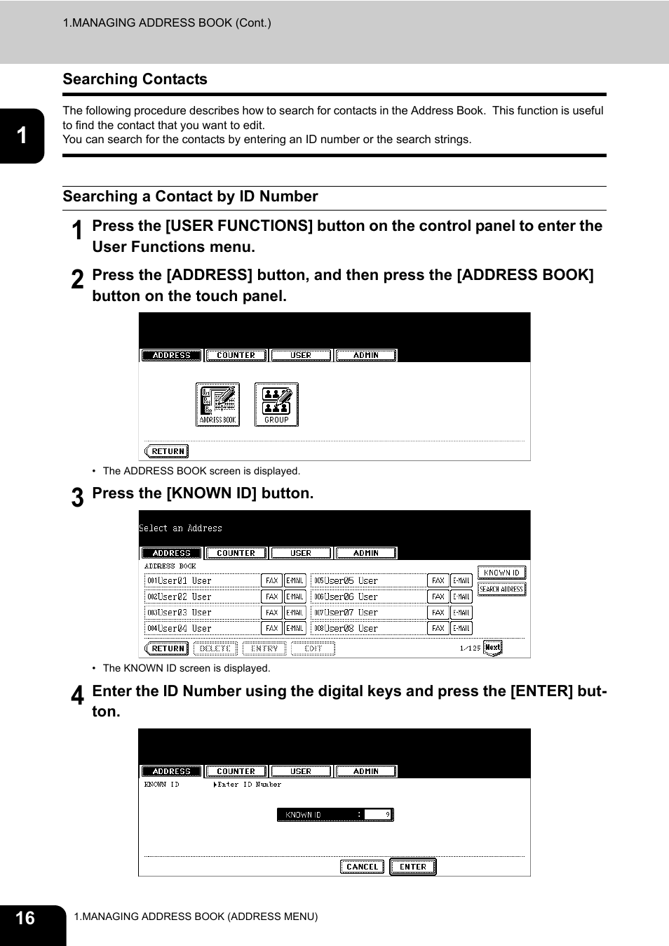 Searching contacts, Searching a contact by id number, P.16 “searching contacts | Toshiba E.STUDIO e-STUDIO 523 User Manual | Page 18 / 216