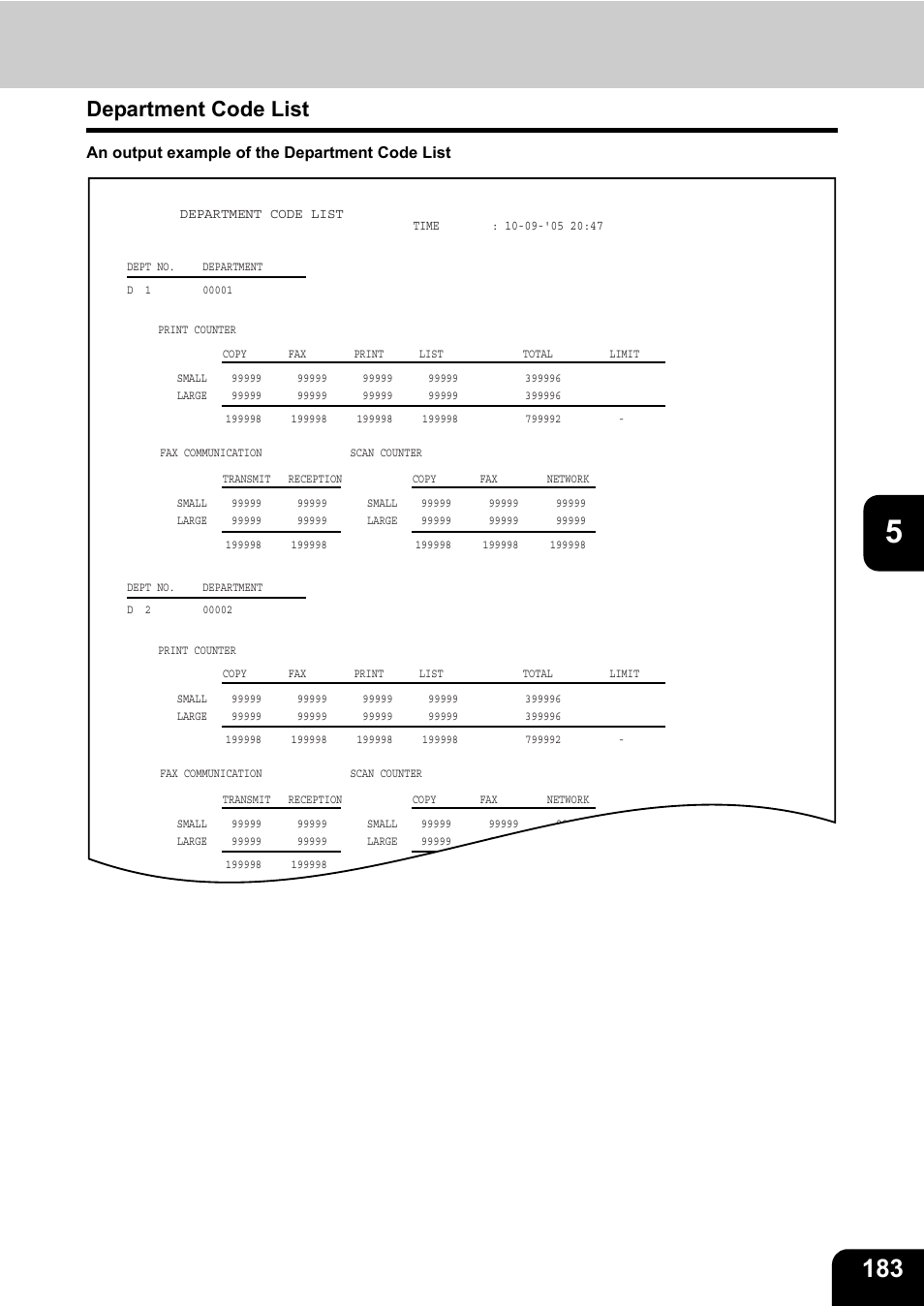 Department code list, An output example of the department code list | Toshiba E.STUDIO e-STUDIO 523 User Manual | Page 185 / 216