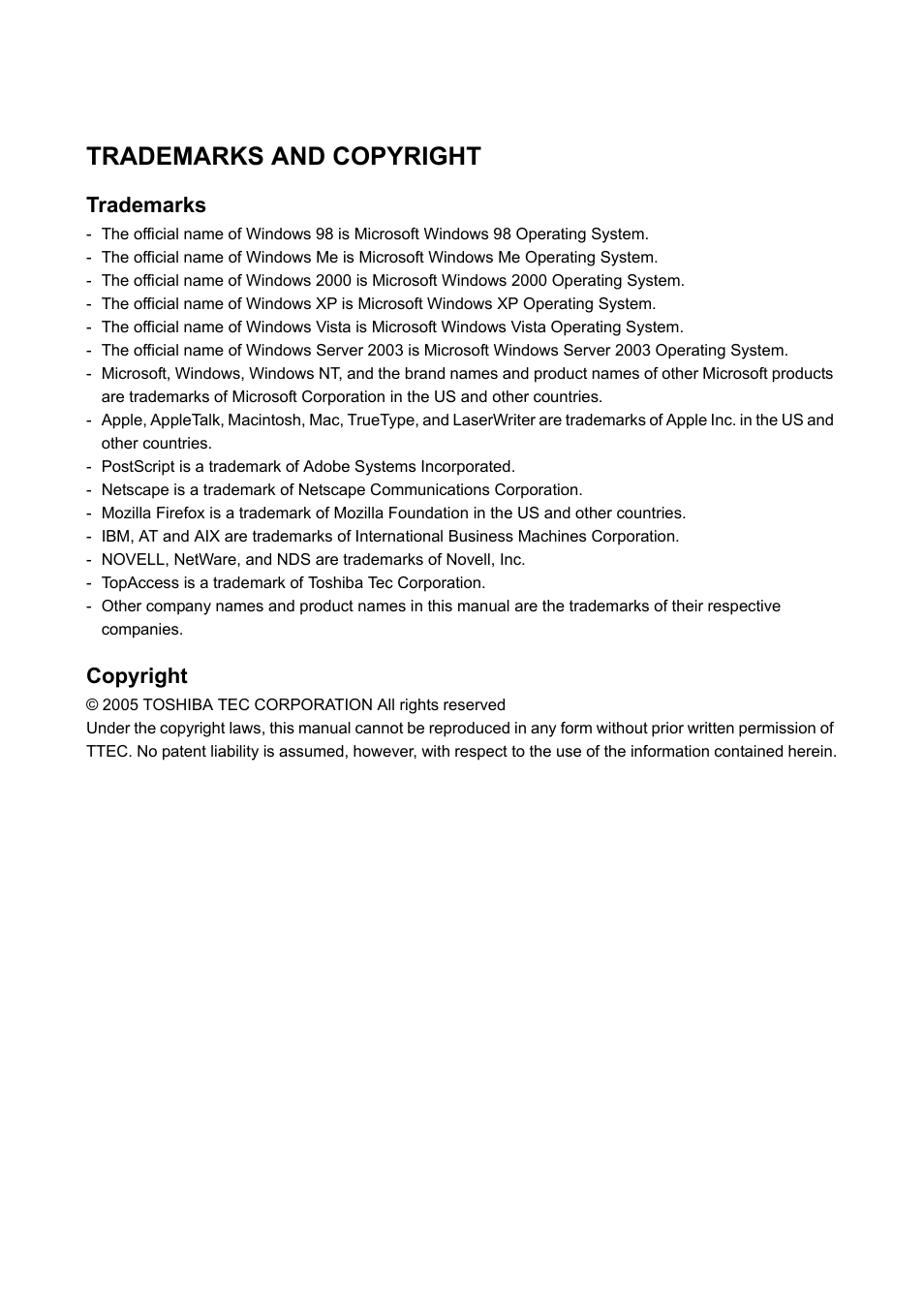 Trademarks and copyright, Trademarks, Copyright | Toshiba E.STUDIO e-STUDIO 523 User Manual | Page 2 / 216