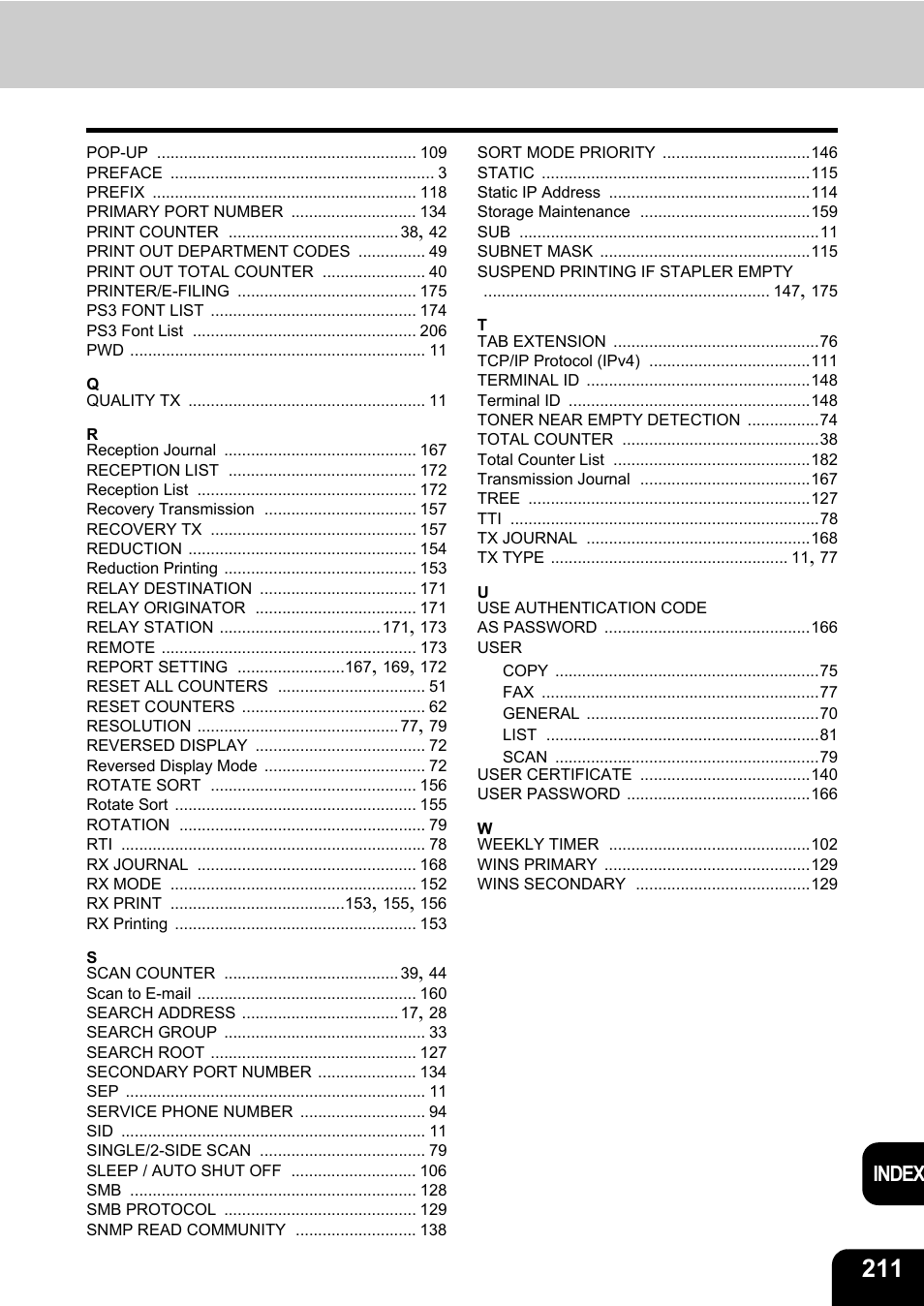 Index | Toshiba E.STUDIO e-STUDIO 523 User Manual | Page 213 / 216