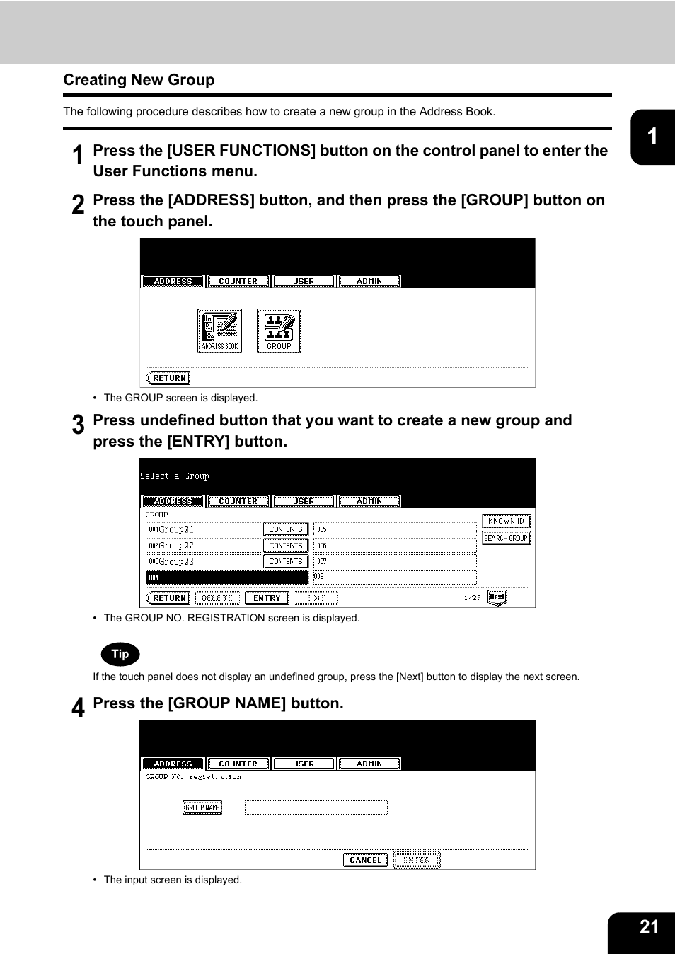 Creating new group, P.21 “creating new group | Toshiba E.STUDIO e-STUDIO 523 User Manual | Page 23 / 216