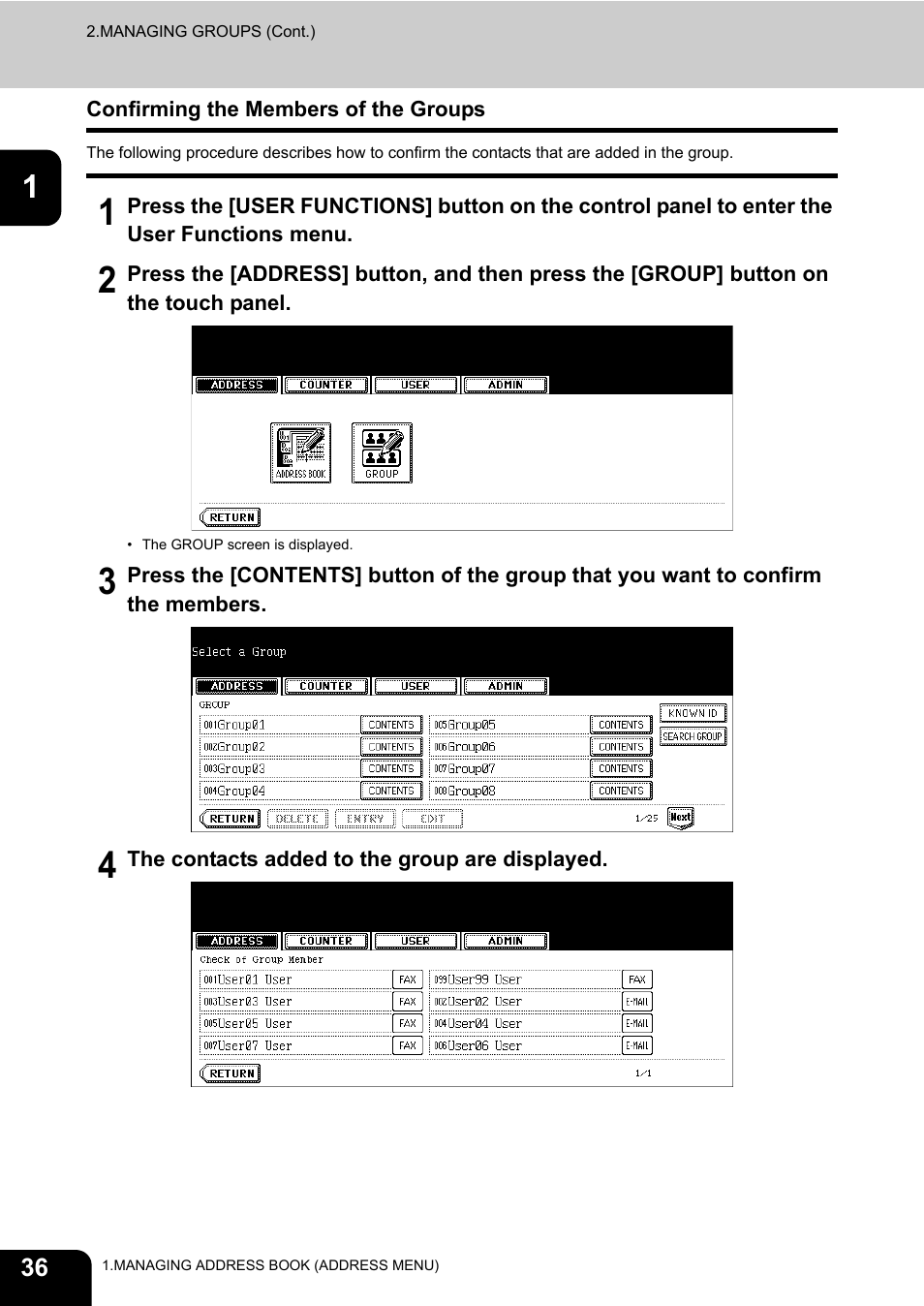Confirming the members of the groups | Toshiba E.STUDIO e-STUDIO 523 User Manual | Page 38 / 216