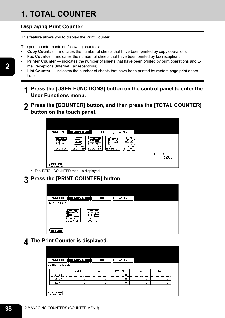 Total counter, Displaying print counter | Toshiba E.STUDIO e-STUDIO 523 User Manual | Page 40 / 216