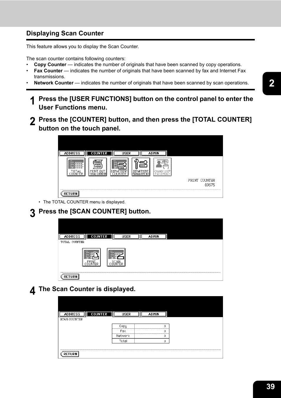 Displaying scan counter | Toshiba E.STUDIO e-STUDIO 523 User Manual | Page 41 / 216