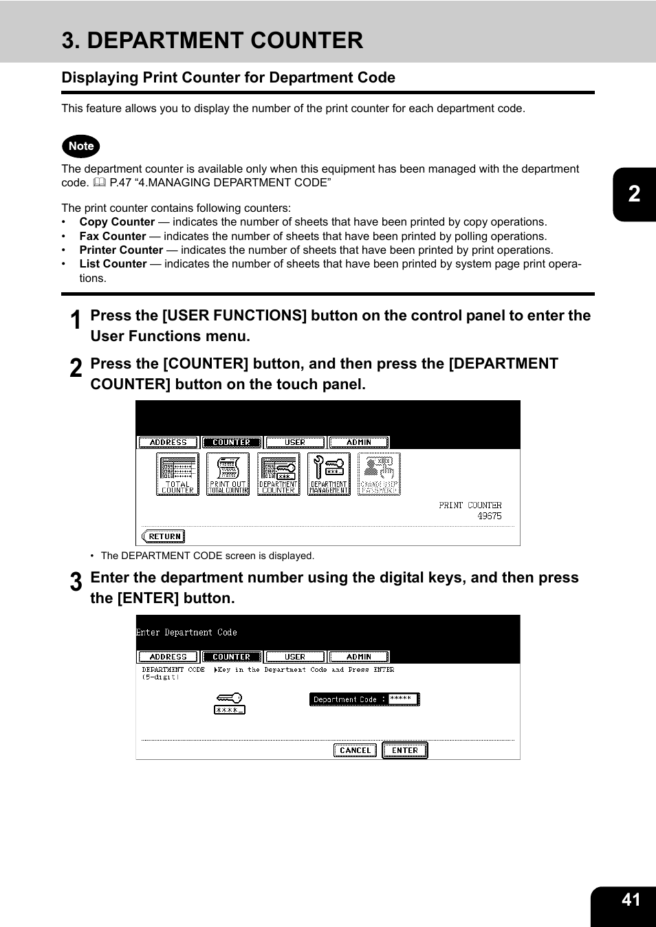 Department counter, Displaying print counter for department code | Toshiba E.STUDIO e-STUDIO 523 User Manual | Page 43 / 216