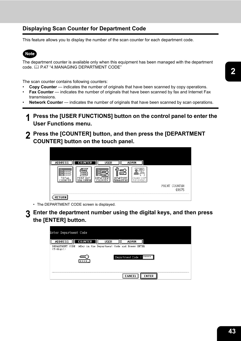 Displaying scan counter for department code | Toshiba E.STUDIO e-STUDIO 523 User Manual | Page 45 / 216