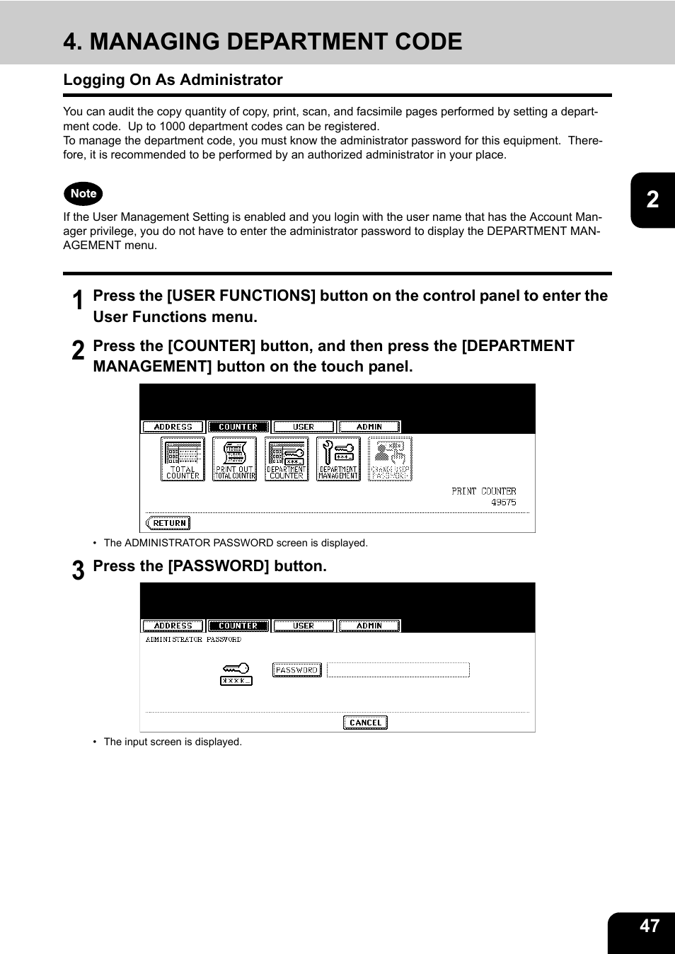 Managing department code, Logging on as administrator | Toshiba E.STUDIO e-STUDIO 523 User Manual | Page 49 / 216