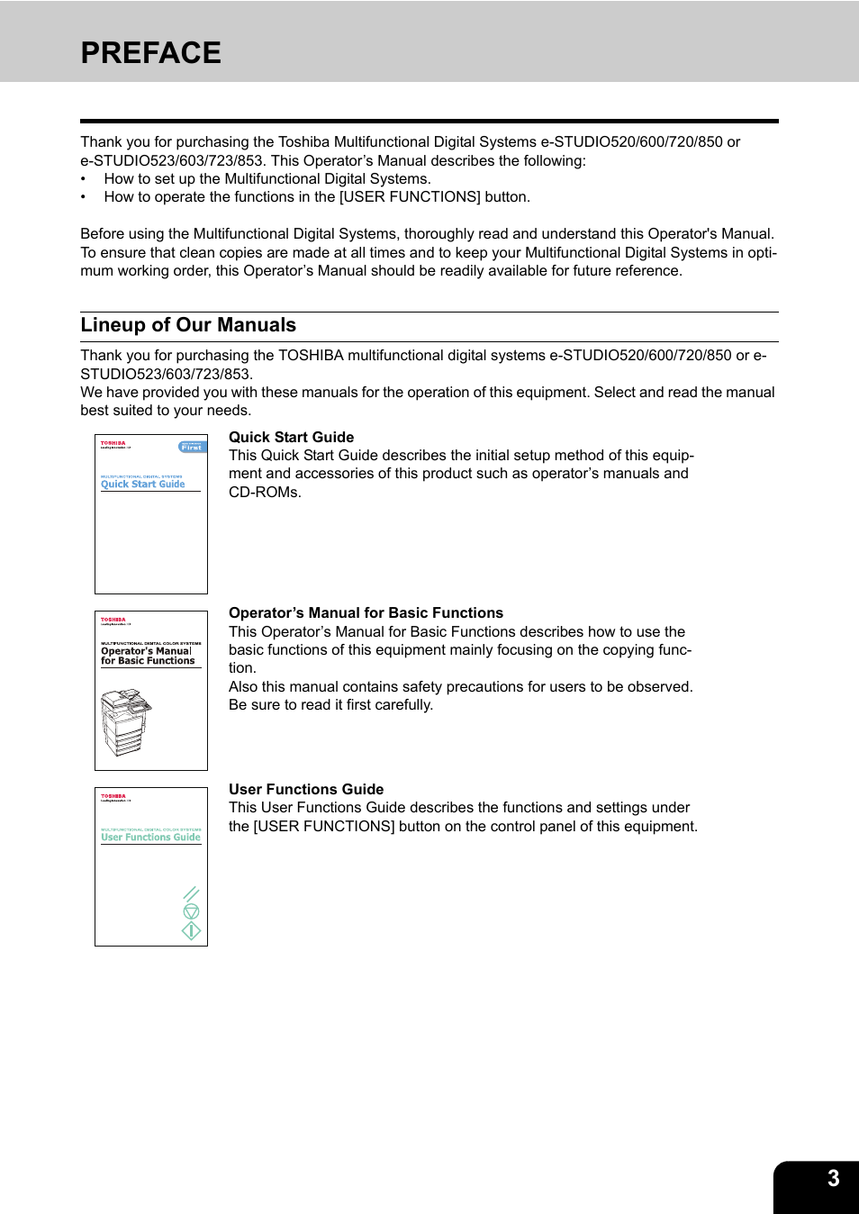 Preface, Lineup of our manuals | Toshiba E.STUDIO e-STUDIO 523 User Manual | Page 5 / 216