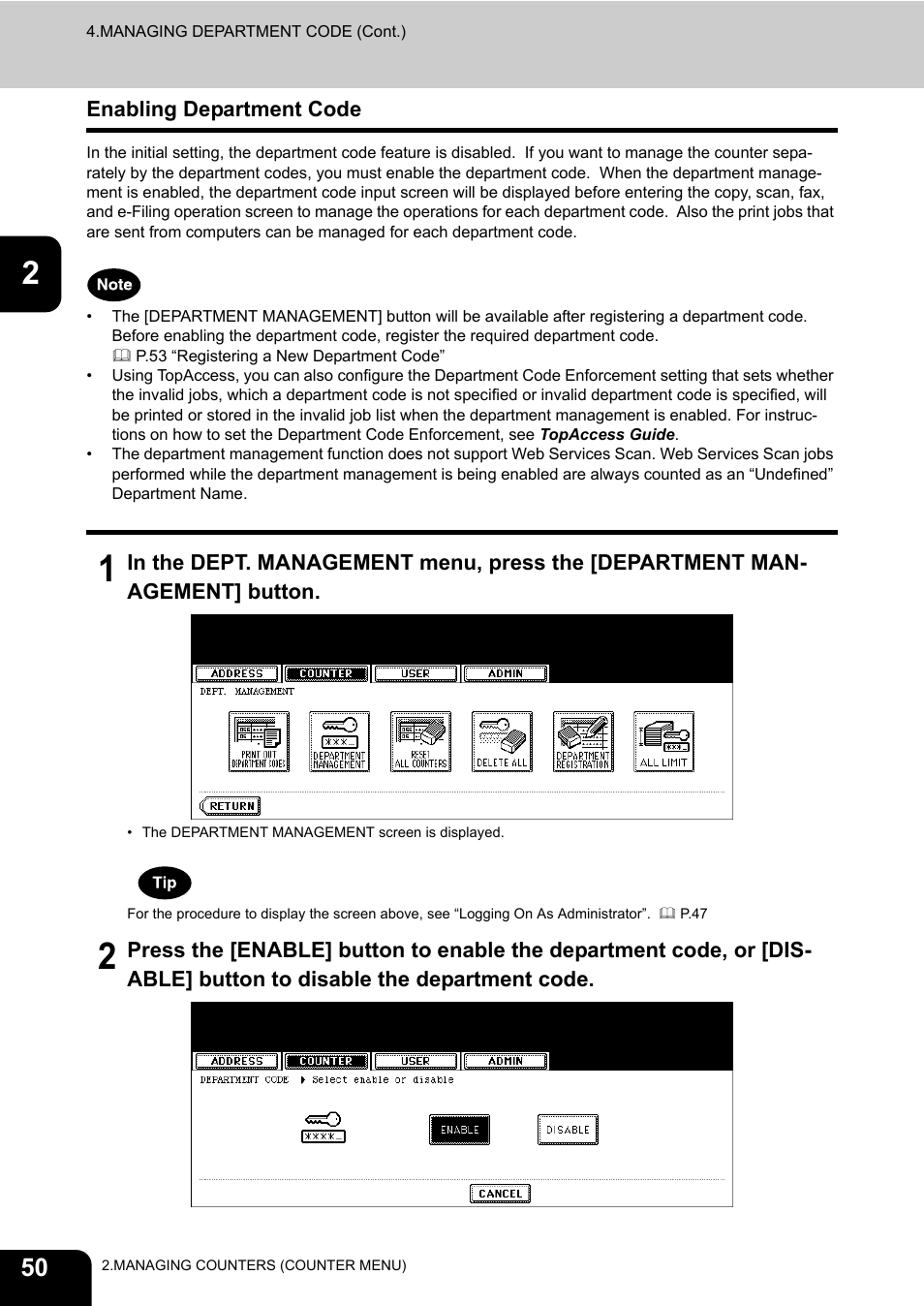 Enabling department code, P.50 “enabling department code | Toshiba E.STUDIO e-STUDIO 523 User Manual | Page 52 / 216