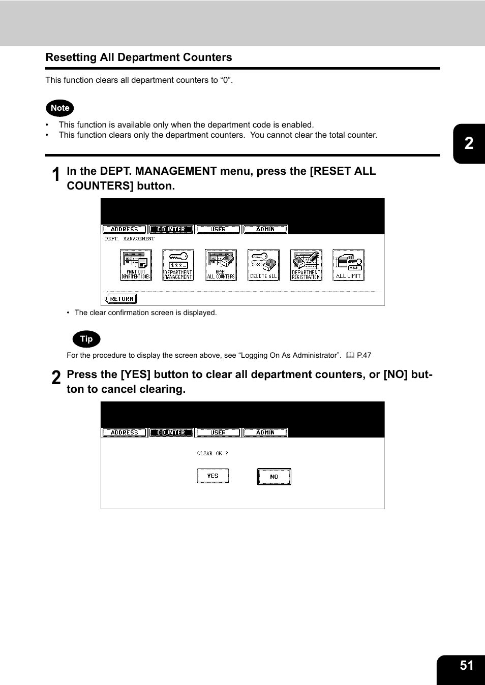 Resetting all department counters, P.51 “resetting all department counters | Toshiba E.STUDIO e-STUDIO 523 User Manual | Page 53 / 216
