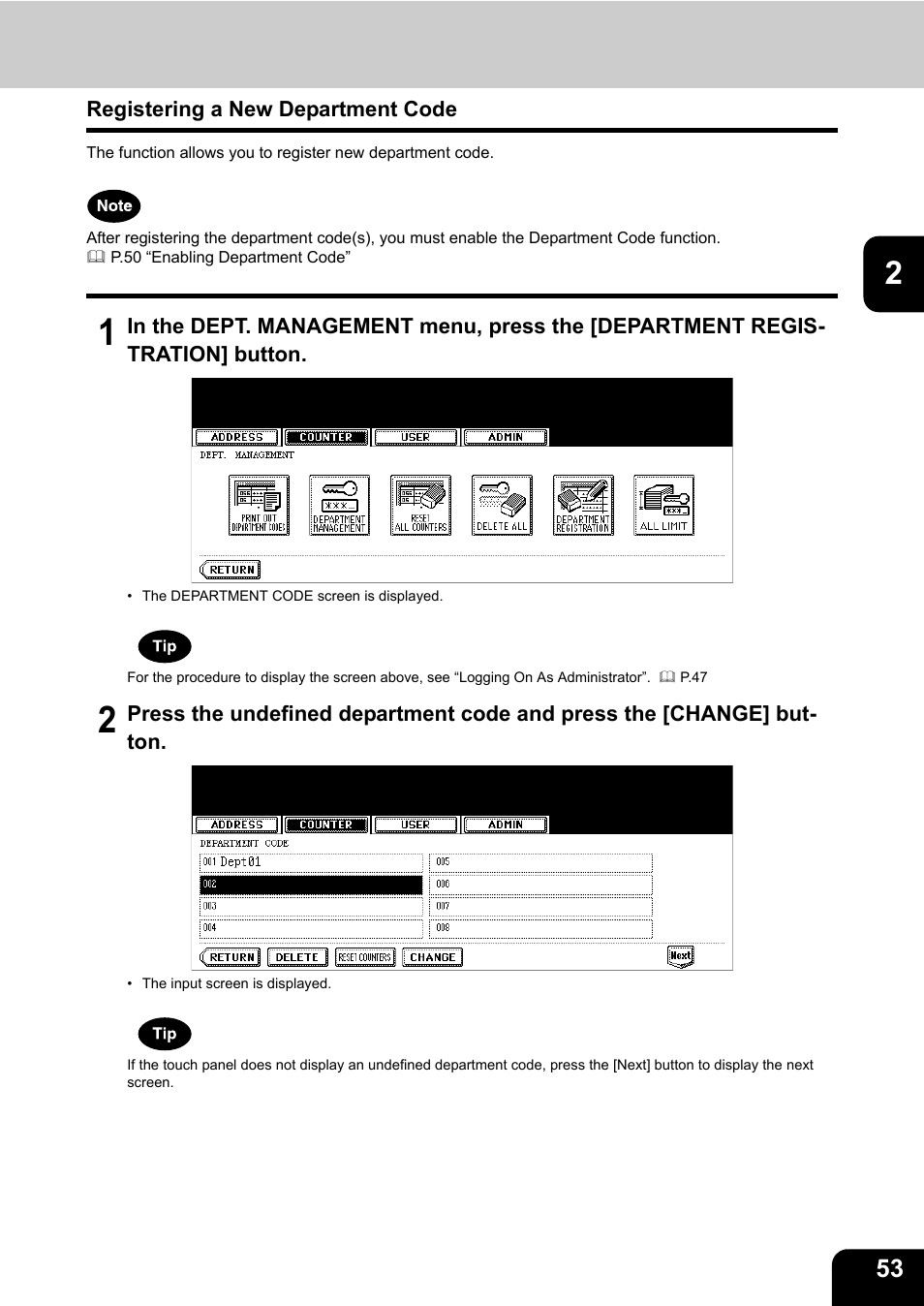 Registering a new department code, P.53 “registering a new department code | Toshiba E.STUDIO e-STUDIO 523 User Manual | Page 55 / 216