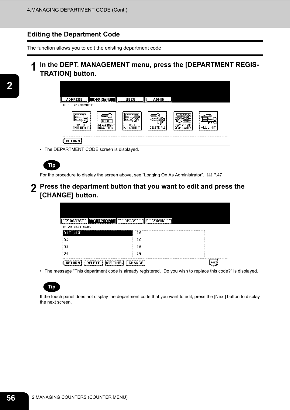 Editing the department code, P.56 “editing the department code | Toshiba E.STUDIO e-STUDIO 523 User Manual | Page 58 / 216