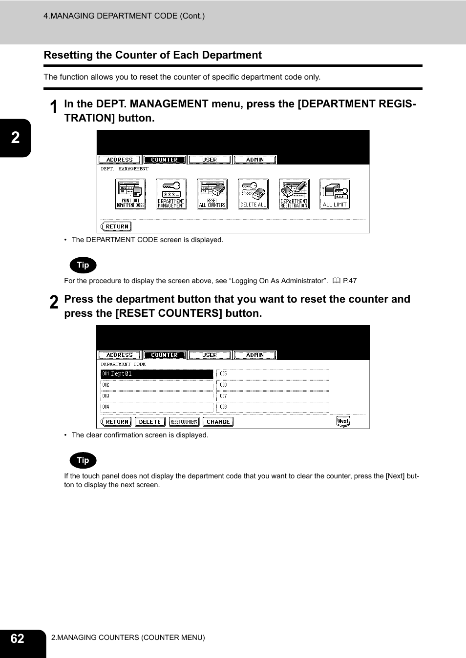 Resetting the counter of each department, P.62 “resetting the counter of each department | Toshiba E.STUDIO e-STUDIO 523 User Manual | Page 64 / 216