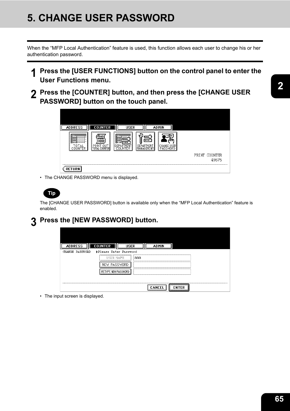Change user password | Toshiba E.STUDIO e-STUDIO 523 User Manual | Page 67 / 216