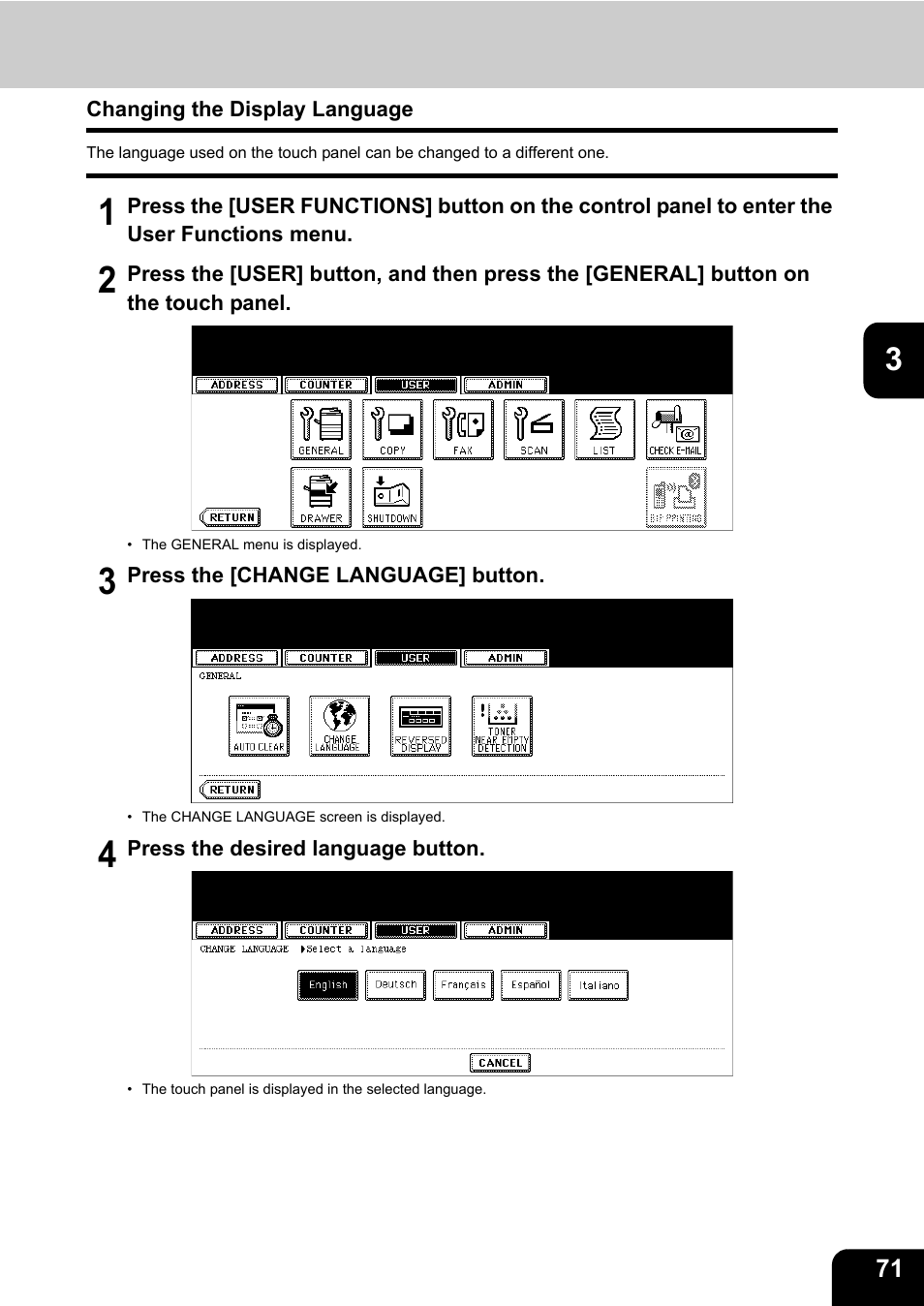 Changing the display language | Toshiba E.STUDIO e-STUDIO 523 User Manual | Page 73 / 216