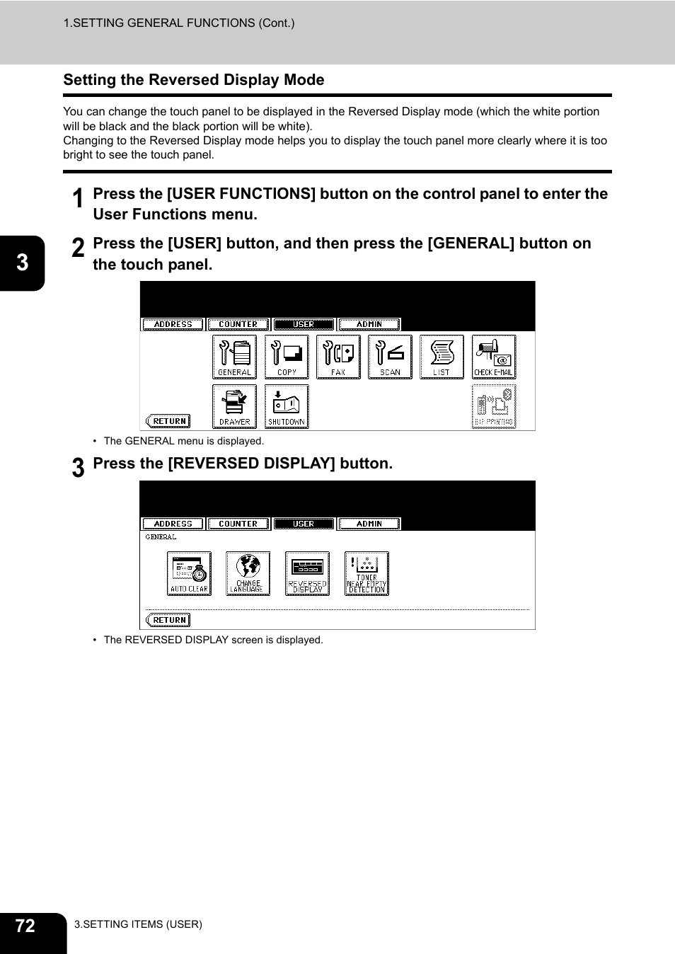 Setting the reversed display mode | Toshiba E.STUDIO e-STUDIO 523 User Manual | Page 74 / 216