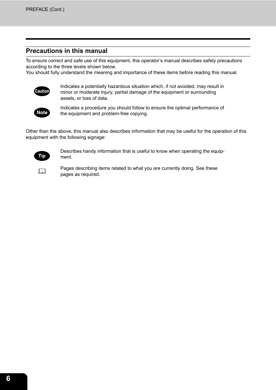Precautions in this manual | Toshiba E.STUDIO e-STUDIO 523 User Manual | Page 8 / 216