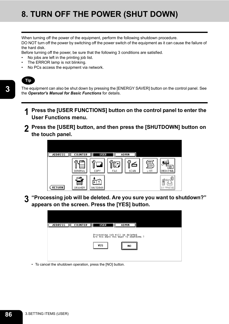 Turn off the power (shut down) | Toshiba E.STUDIO e-STUDIO 523 User Manual | Page 88 / 216