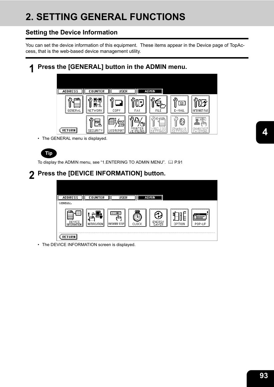 Setting general functions, Setting the device information, P.93 “2.setting general functions | Toshiba E.STUDIO e-STUDIO 523 User Manual | Page 95 / 216