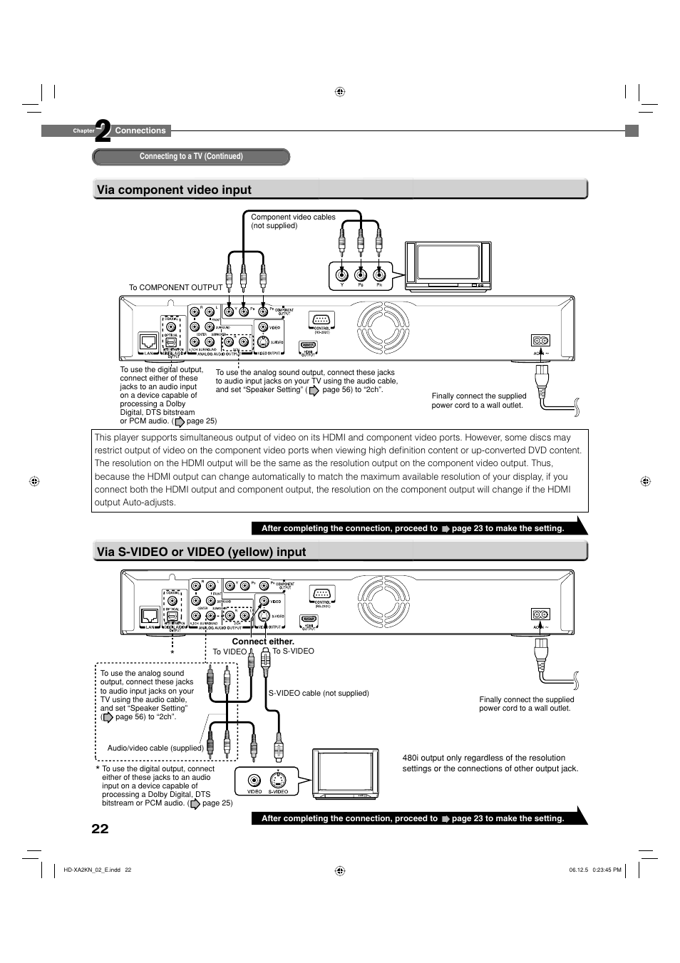 Via component video input, Via s-video or video (yellow) input | Toshiba HD-XA2KN User Manual | Page 22 / 80