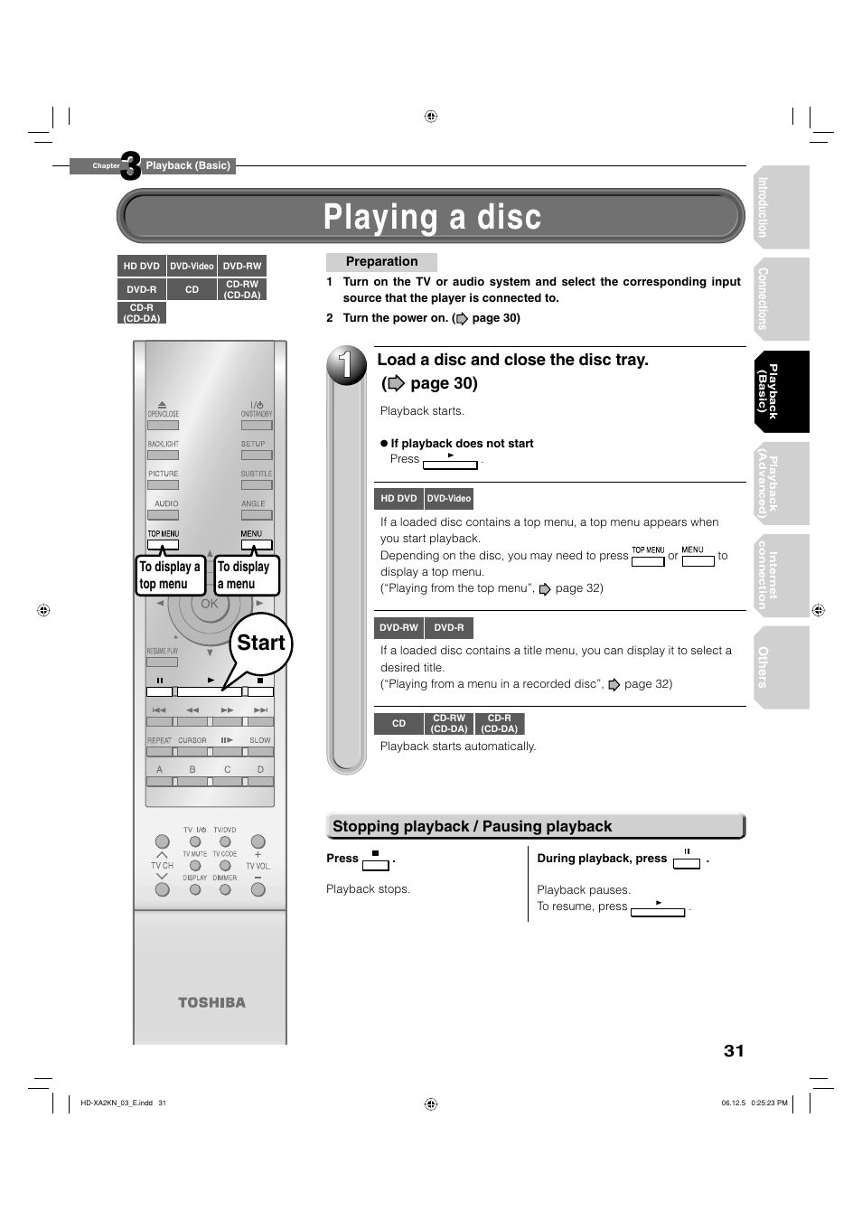 Playing a disc, Start, Load a disc and close the disc tray. ( page 30) | Toshiba HD-XA2KN User Manual | Page 31 / 80