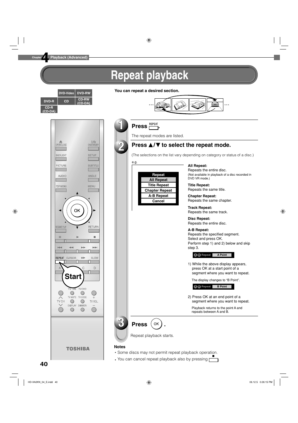 Repeat playback, Start | Toshiba HD-XA2KN User Manual | Page 40 / 80