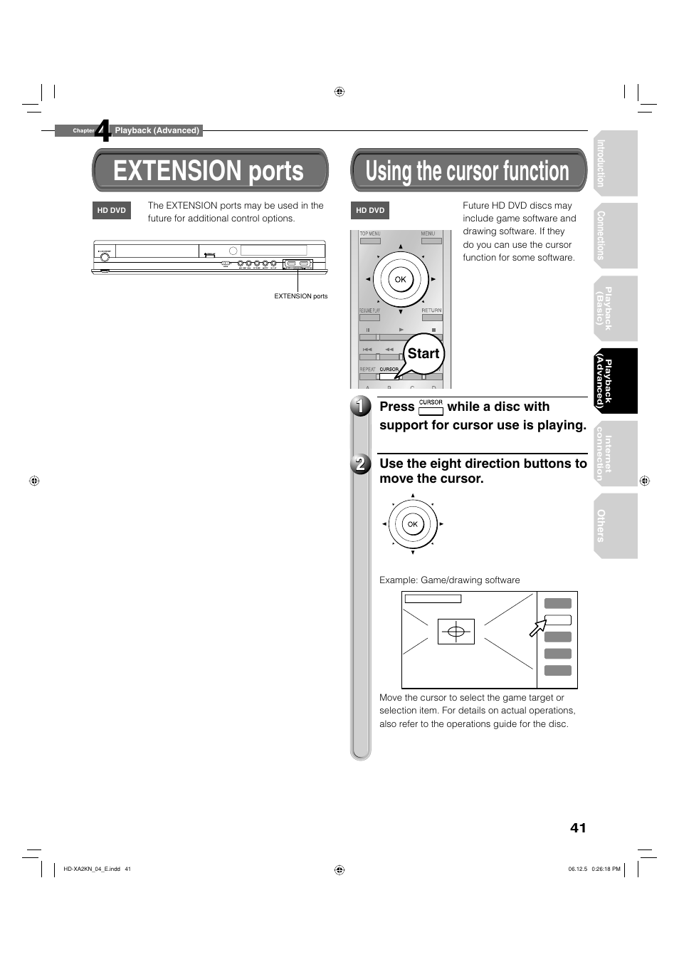 Extension ports, Using the cursor function | Toshiba HD-XA2KN User Manual | Page 41 / 80