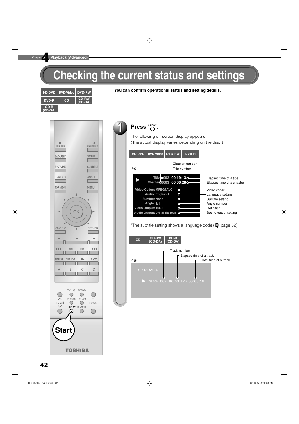 Checking the current status and settings, Start, Press | Toshiba HD-XA2KN User Manual | Page 42 / 80