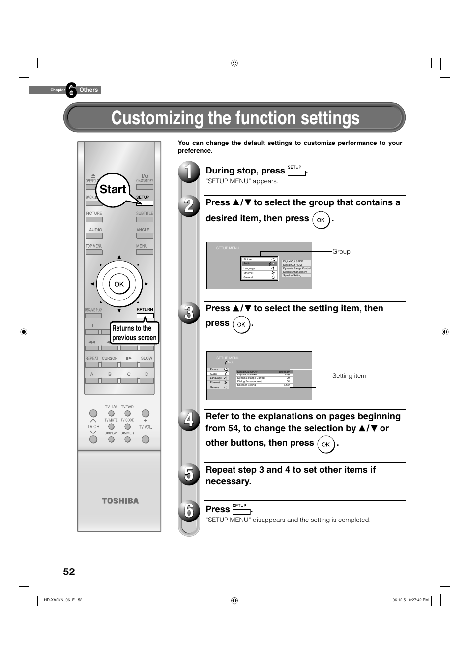 Customizing the function settings, Start | Toshiba HD-XA2KN User Manual | Page 52 / 80