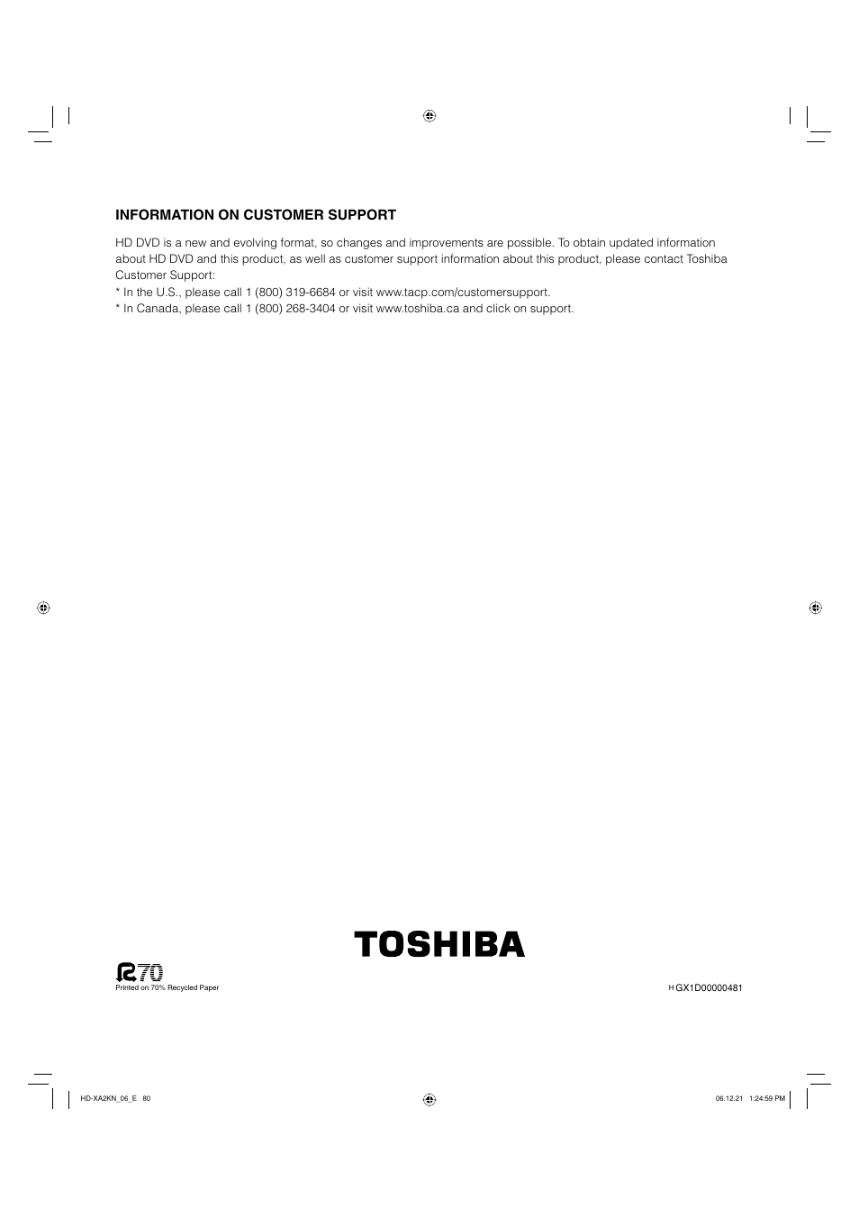 Information on customer support | Toshiba HD-XA2KN User Manual | Page 80 / 80