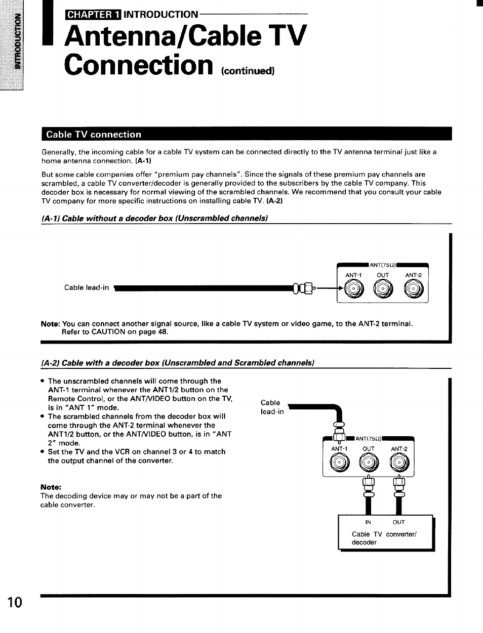 Antenna/cable tv, Connection (continued), Cable tv connection | Note, Antenna/cable tv connection | Toshiba TW56D90 User Manual | Page 10 / 71