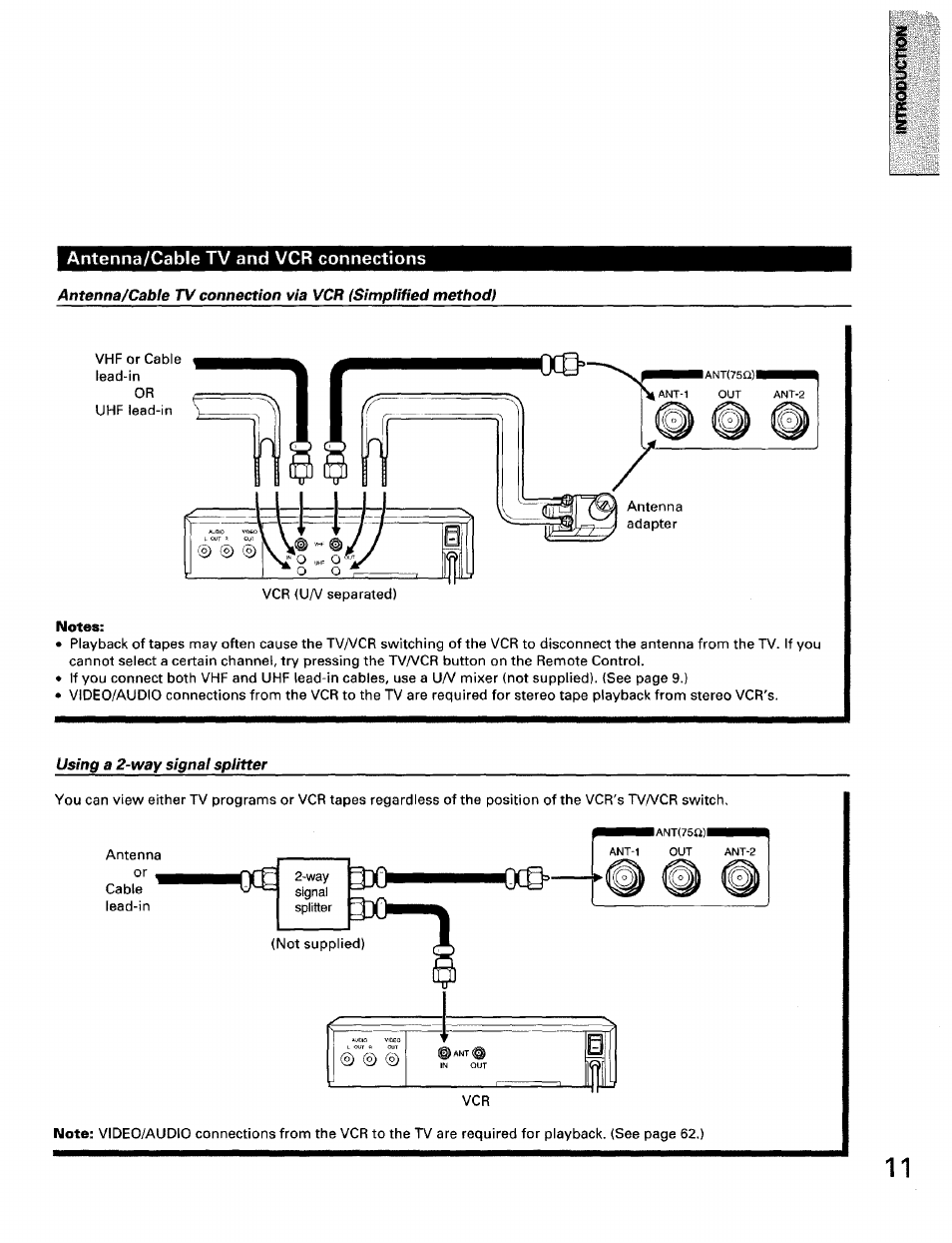 Using a 2-way signal splitter, Antenna/cable tv and vcr connections | Toshiba TW56D90 User Manual | Page 11 / 71