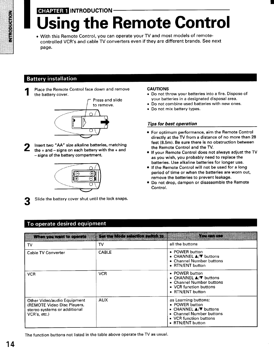 Using the remote control, Battery installation, Tips for best operation | To operate desired equipment, Chapter 1 introduction | Toshiba TW56D90 User Manual | Page 14 / 71