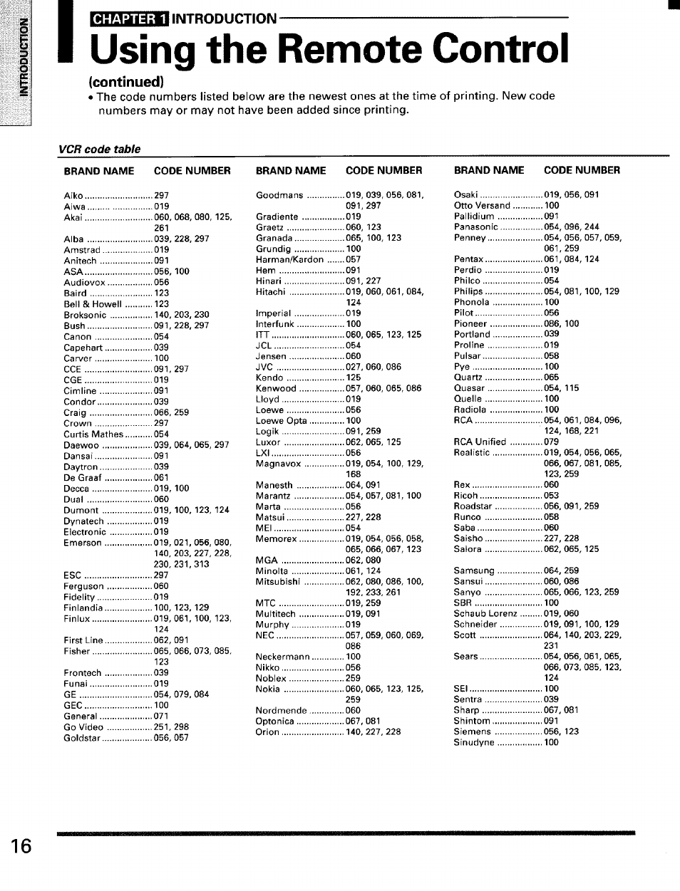 Using the remote control, Continued), Vcr code table | To program the remote control, Chapter 1 introduction | Toshiba TW56D90 User Manual | Page 16 / 71