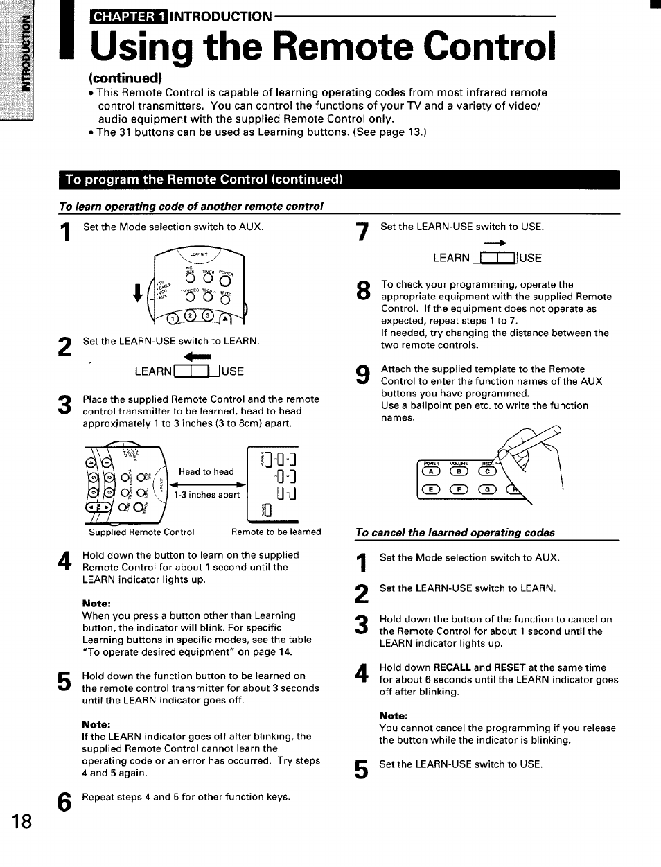 Introduction, Using the remote control, Continued) | To program the remote control (continued), To learn operating code of another remote control, To cancel the learned operating codes, 6 5" s, Io-qd | Toshiba TW56D90 User Manual | Page 18 / 71