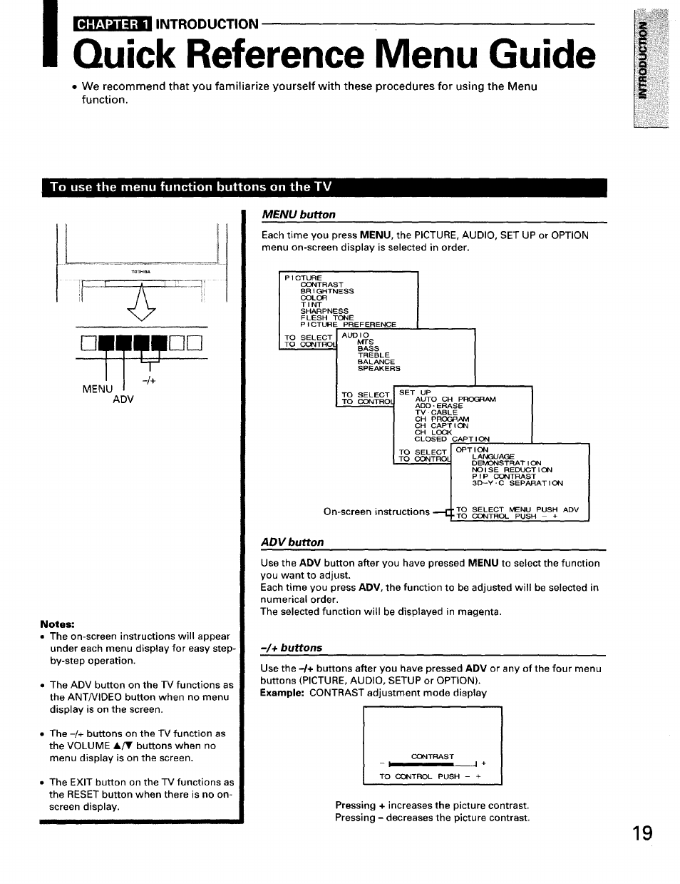 Quick reference menu guide, To use the menu function buttons on the tv, Notes | Menu button, Adv button, Buttons, Chapter 1 introduction | Toshiba TW56D90 User Manual | Page 19 / 71