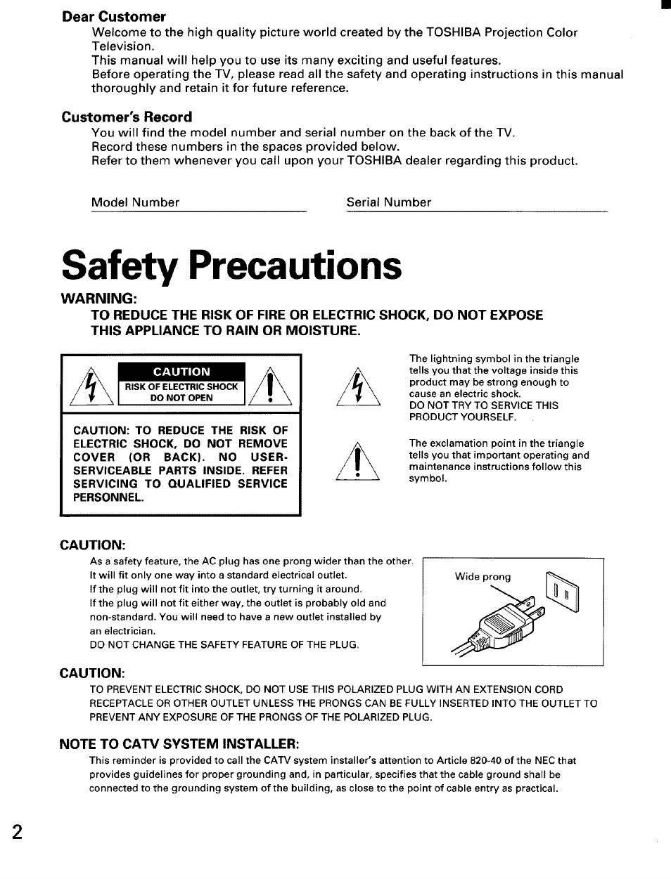 Dear customer, Customer's record, Safety precautions | Warning, Caution, Note to catv system installer | Toshiba TW56D90 User Manual | Page 2 / 71