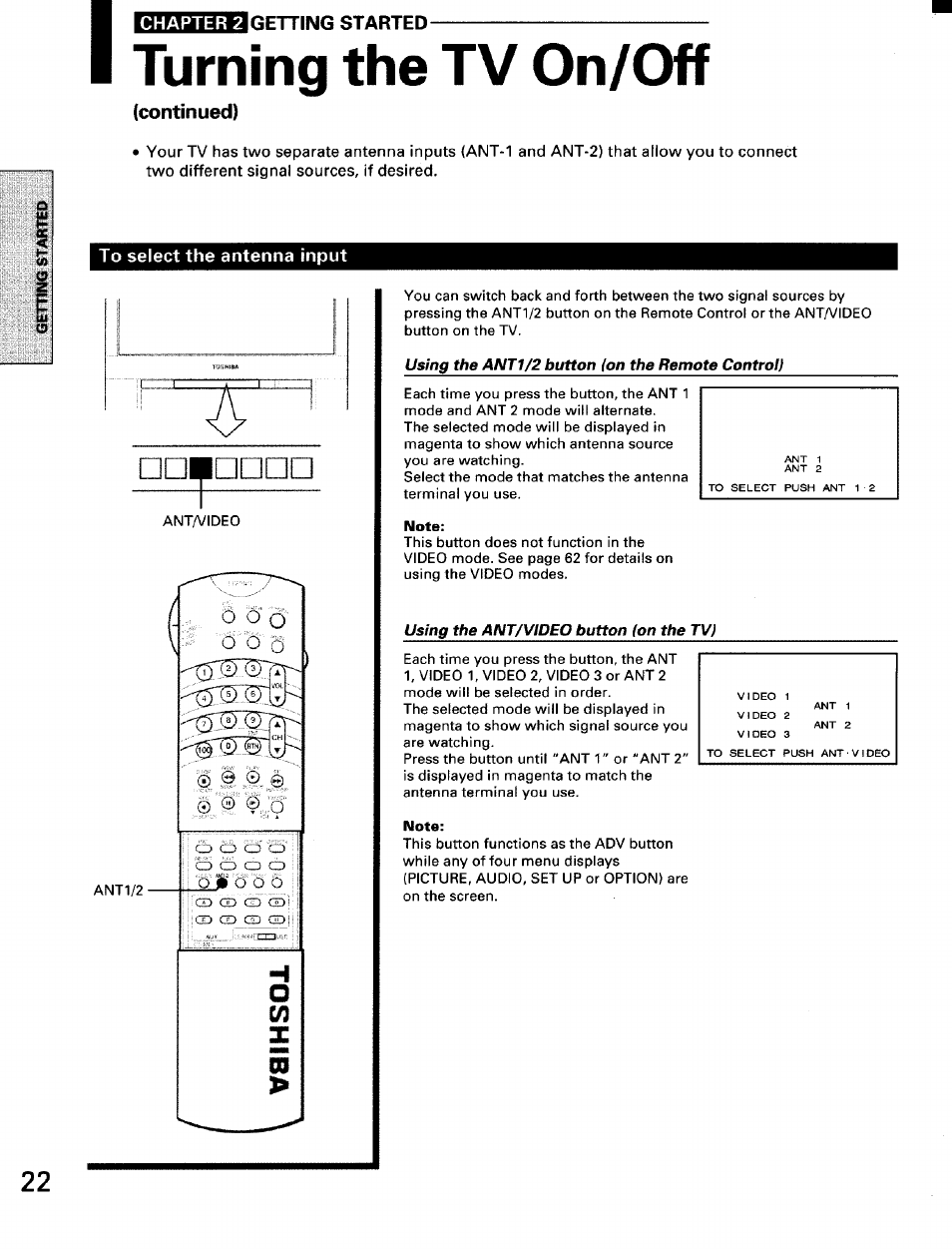 Turning the tv on/off, Continued), To select the antenna input | Note, Using the ant/video button (on the tv, 5 5'o | Toshiba TW56D90 User Manual | Page 22 / 71