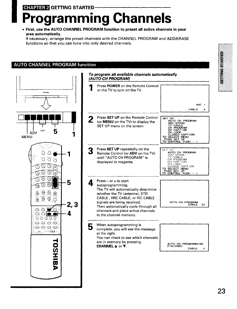 Programming channels, Auto channel program function, Chapter 2 getting started | Toshiba TW56D90 User Manual | Page 23 / 71