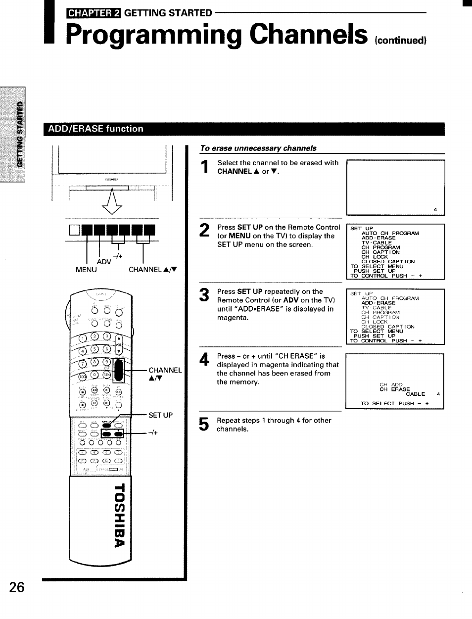 Programming channels, Add/erase function, To erase unnecessary channels | Chapter 2 getting started | Toshiba TW56D90 User Manual | Page 26 / 71
