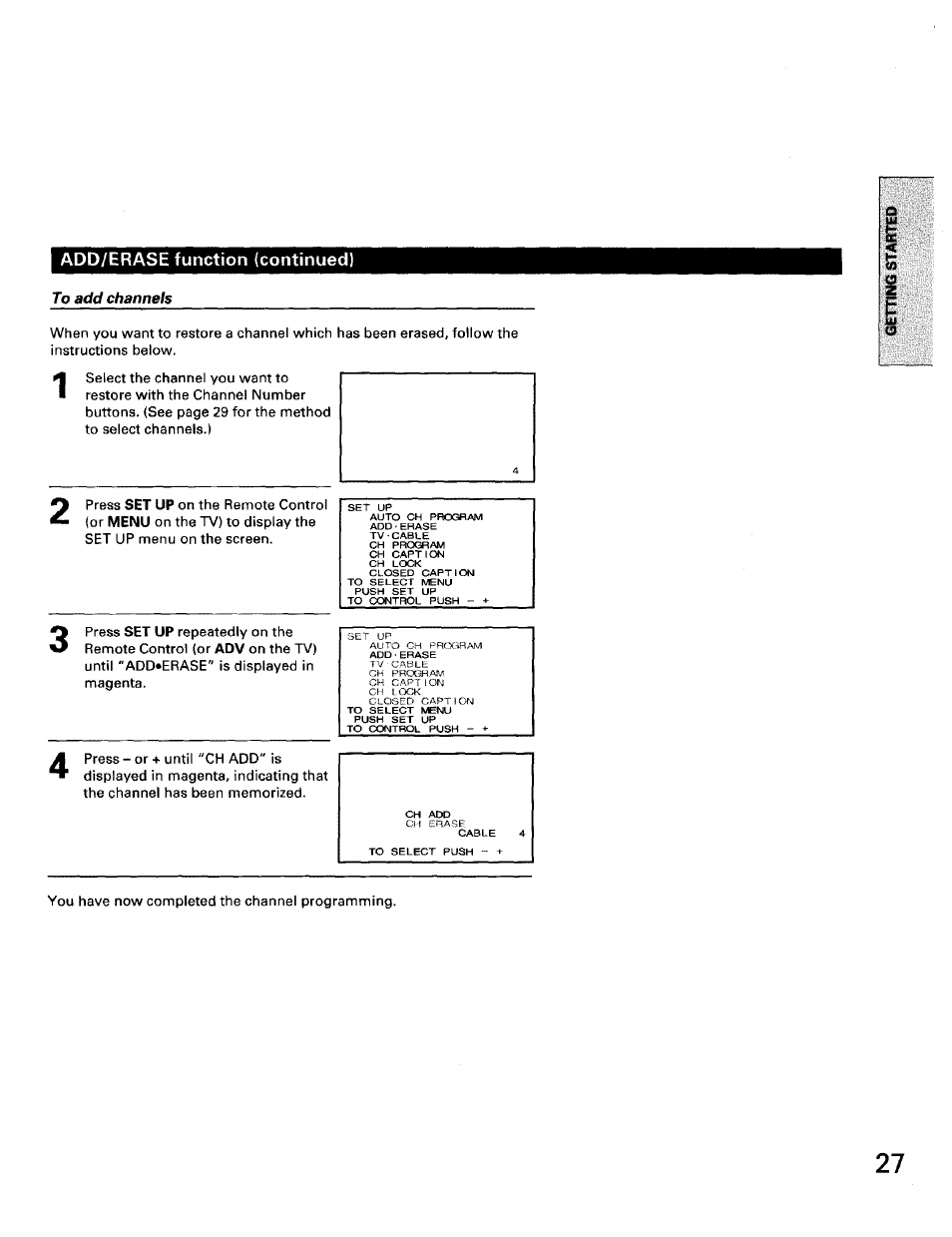 To add channels, Add/erase function (continued | Toshiba TW56D90 User Manual | Page 27 / 71