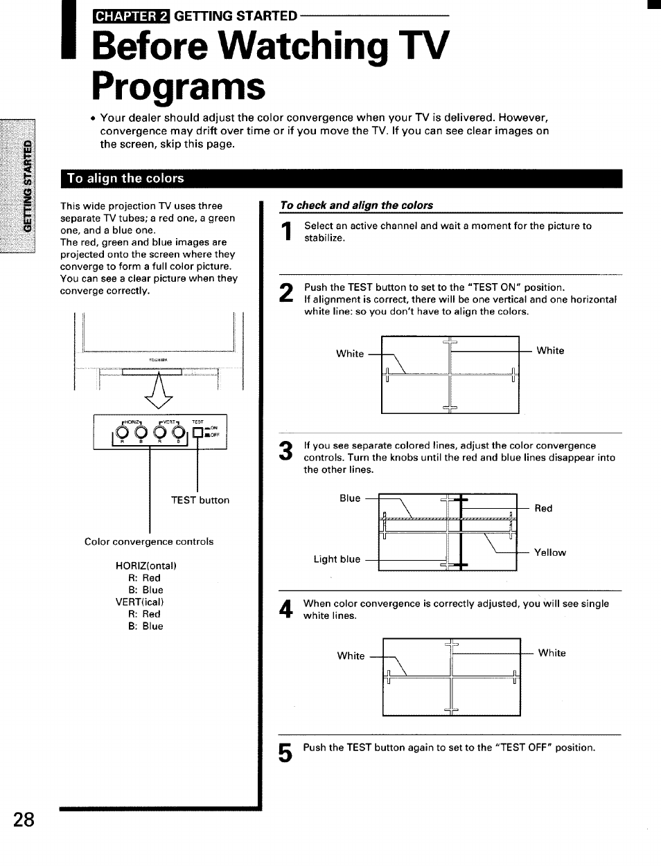 Before watching tv programs, To check and align the colors | Toshiba TW56D90 User Manual | Page 28 / 71