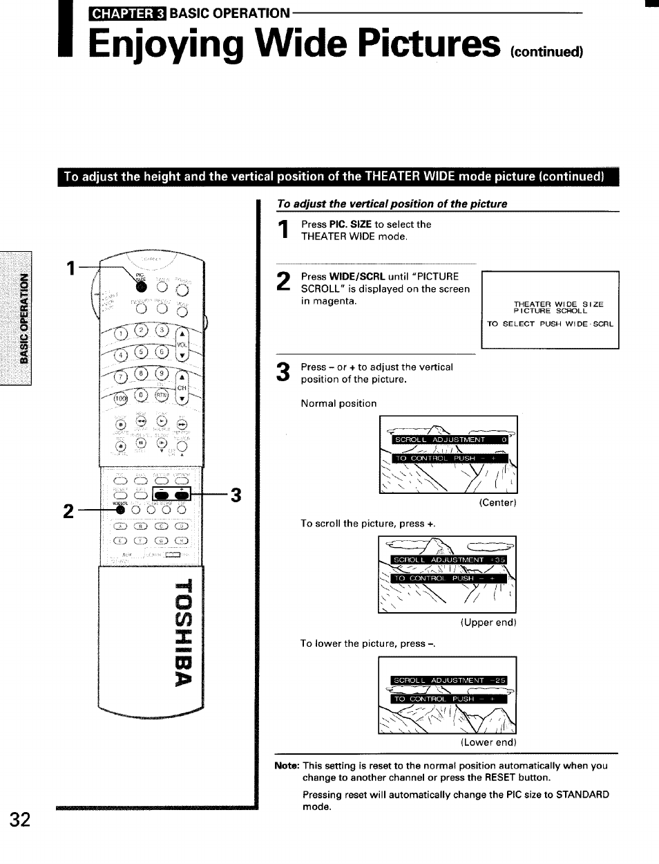 Enjoying wide pictures, To adjust the vertical position of the picture, Chapter 3 basic operation | Toshiba TW56D90 User Manual | Page 32 / 71