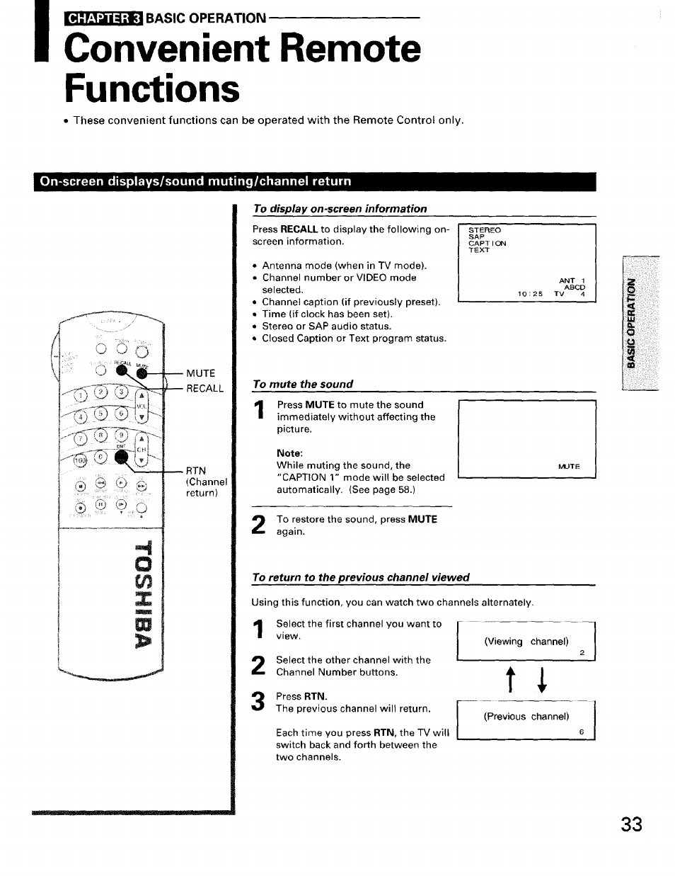 Convenient remote functions, On-screen displays/sound muting/channel return, To display on-screen information | To mute the sound, Note, To return to the previous channel viewed | Toshiba TW56D90 User Manual | Page 33 / 71