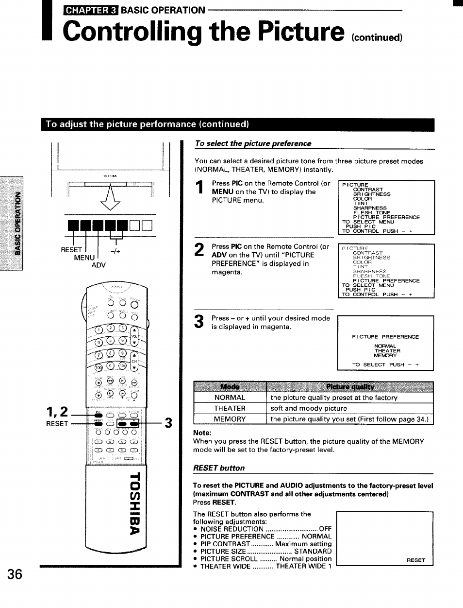 Controlling the picture, Continued), To adjust the picture performance (continued) | To select the picture preference, Reset button, To select the picture size, Chapter 3 basic operation | Toshiba TW56D90 User Manual | Page 36 / 71