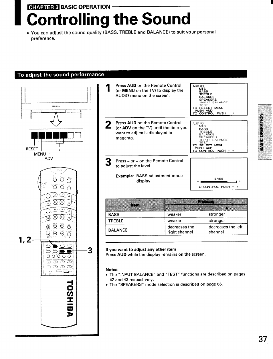 Controlling the sound, To adjust the sound performance, If you want to adjust any other item | Notes, Chapter 3 basic operation | Toshiba TW56D90 User Manual | Page 37 / 71