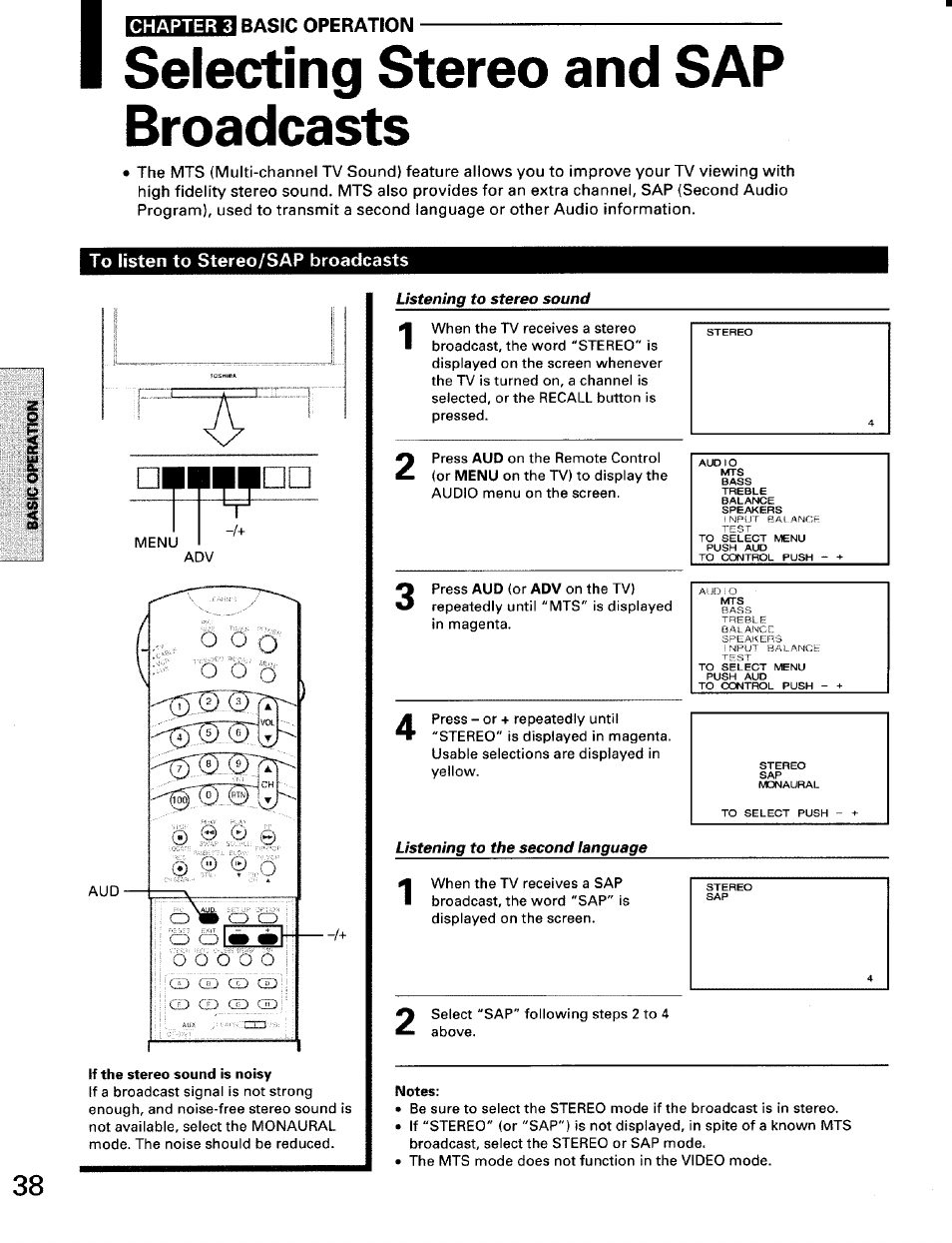 Selecting stereo and sap broadcasts, To listen to stereo/sap broadcasts, Notes | Toshiba TW56D90 User Manual | Page 38 / 71
