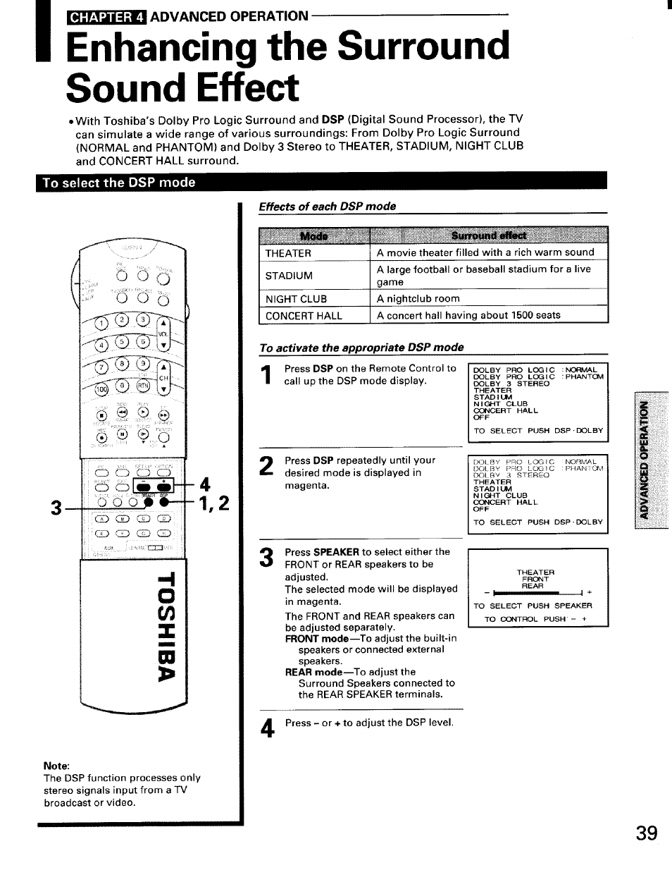Enhancing the surround sound effect, To select the dsp mode, To select dsp mode | Chapter 4 advanced operation | Toshiba TW56D90 User Manual | Page 39 / 71