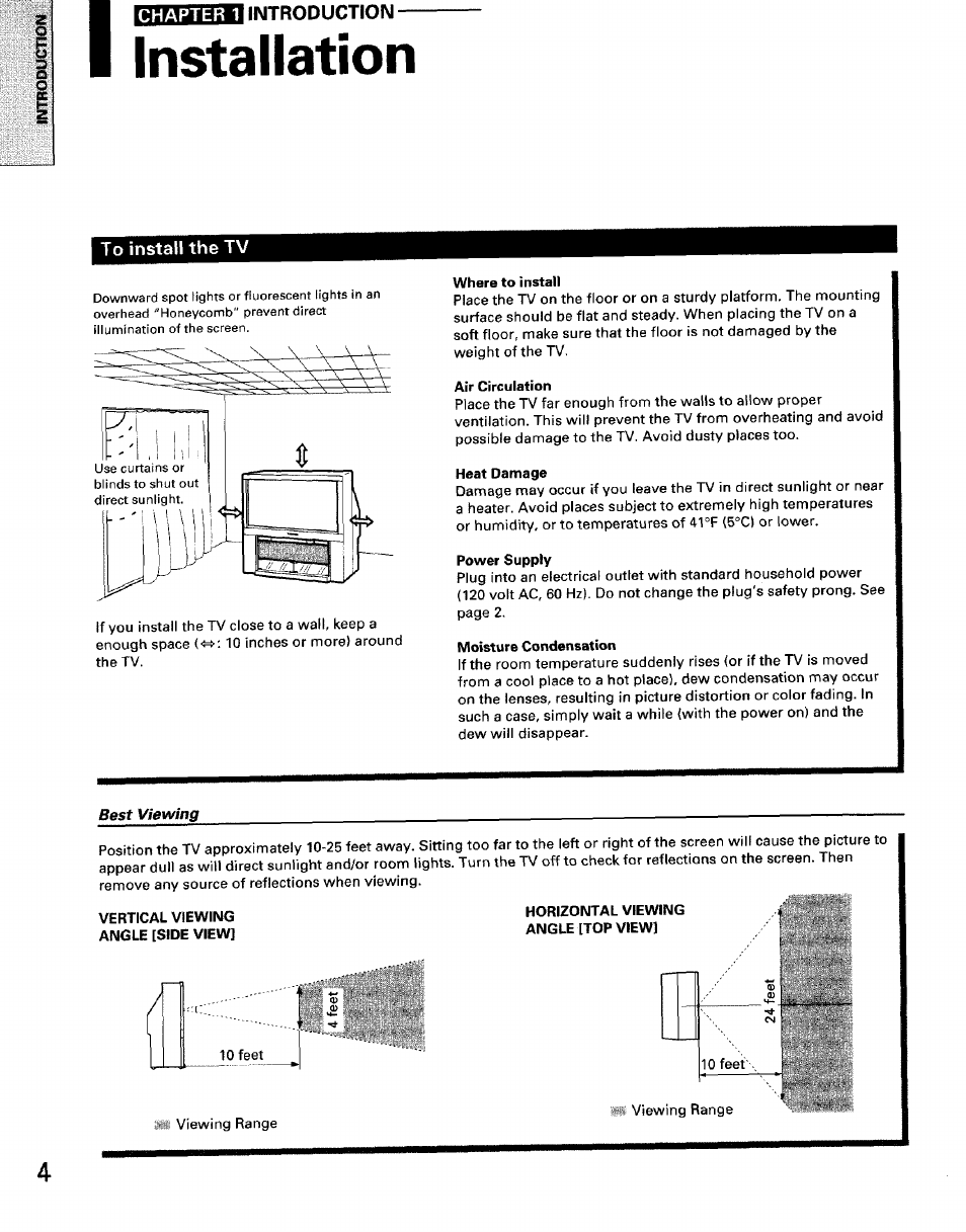 Installation, To install the tv, Best viewing | Toshiba TW56D90 User Manual | Page 4 / 71