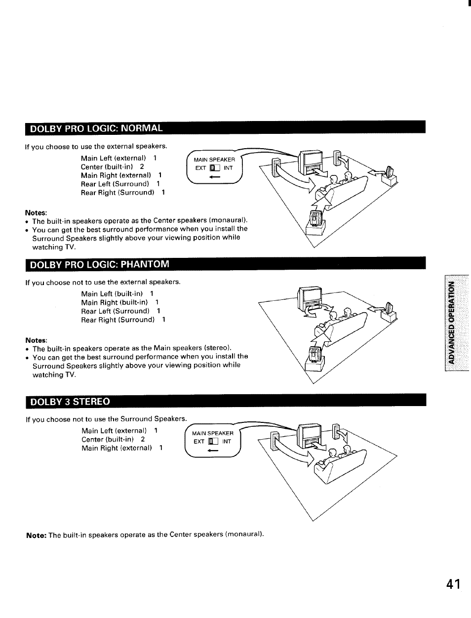 Dolby pro logic: normal, Notes, Dolby pro logic: phantom | Dolby 3 stereo | Toshiba TW56D90 User Manual | Page 41 / 71